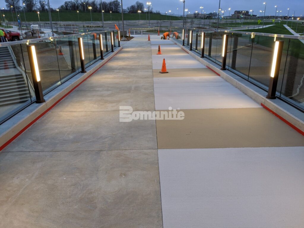 A close-up of the Cerner Entrance walkway, showcasing the smooth and refined surface created by Musselman & Hall using Bomanite Micro-Top XT and Micro-Top ST for a sleek, modern finish.