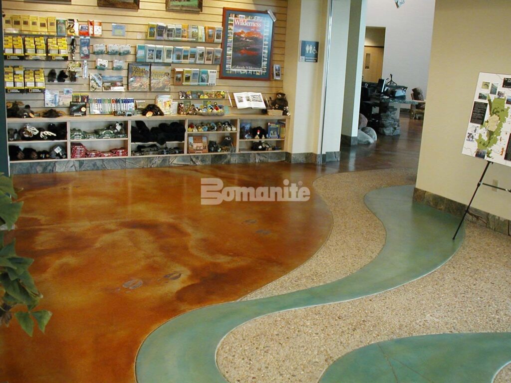 An interior shot of the NRRC Building, highlighting the use of Bomanite Patene Artectura by Colorado Hardscapes to create a visually striking and durable concrete finish.